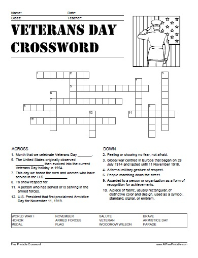 Veterans Day Crossword Free Printable - Easy Veterans Day Crossword Puzzle