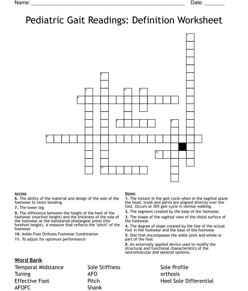 Pediatric Gait Readings Definition Worksheet Crossword WordMint - Easy Walking Gait Crossword Puzzle