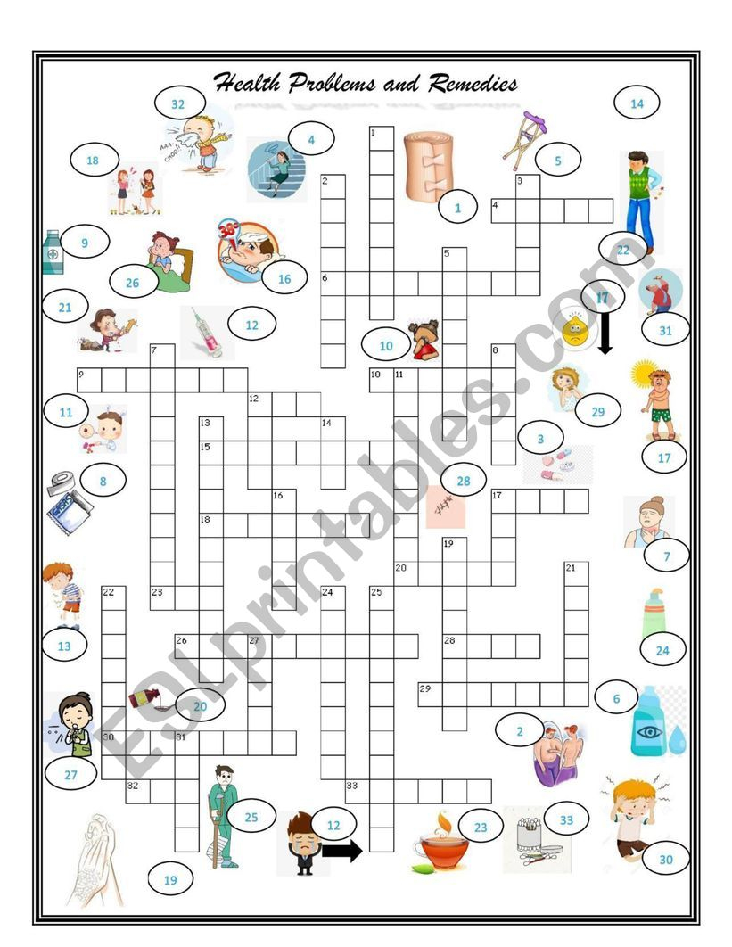 Health Problems And Remedies CROSSWORD 3 OF 3 Exercise Set ESL  - Esl Easy Health Problem Crossword