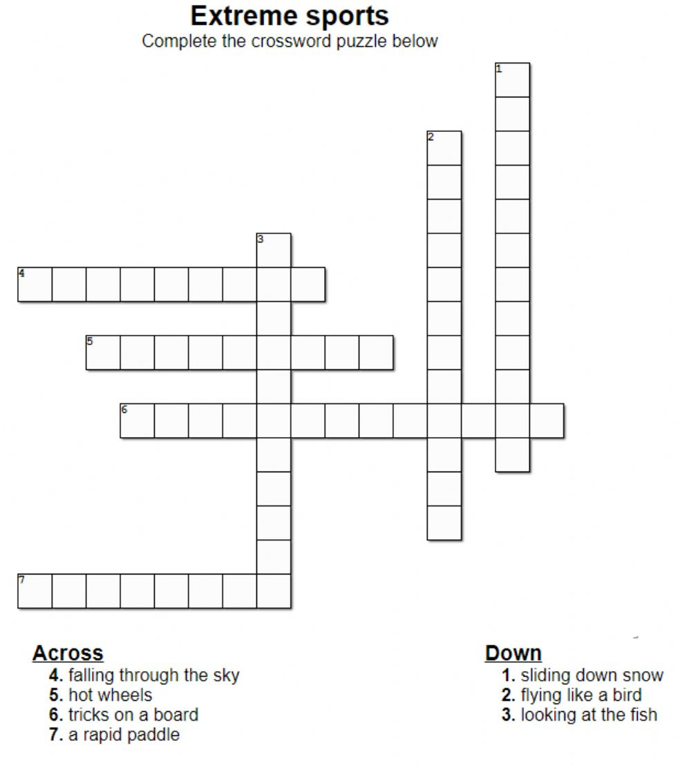 Extreme Sport Crossword Worksheet - Extremely Easy Victory Crossword