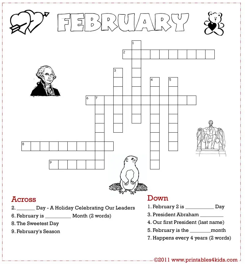 February Crossword Puzzle Printables For Kids Free Word Search  - February Easy Crossword Puzzles For Kids