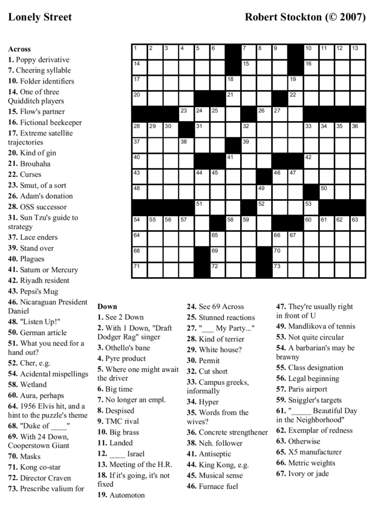 Beekeeper Crosswords Blog Archive Puzzle 14 Lonely Street  - It's Usually Easy To See Through Crossword