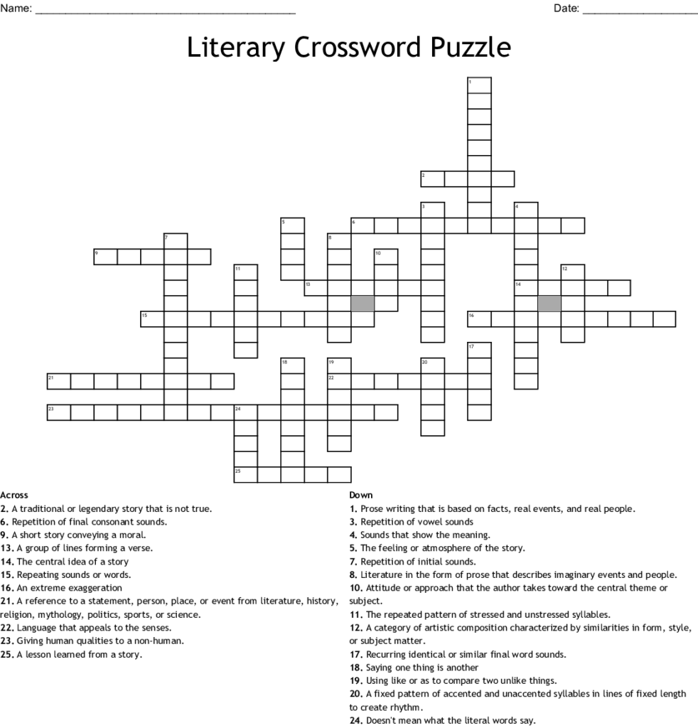 Literary Crossword Puzzle Wordmint Story Elements Crossword Wordmint  - Literaure Crossword Easy