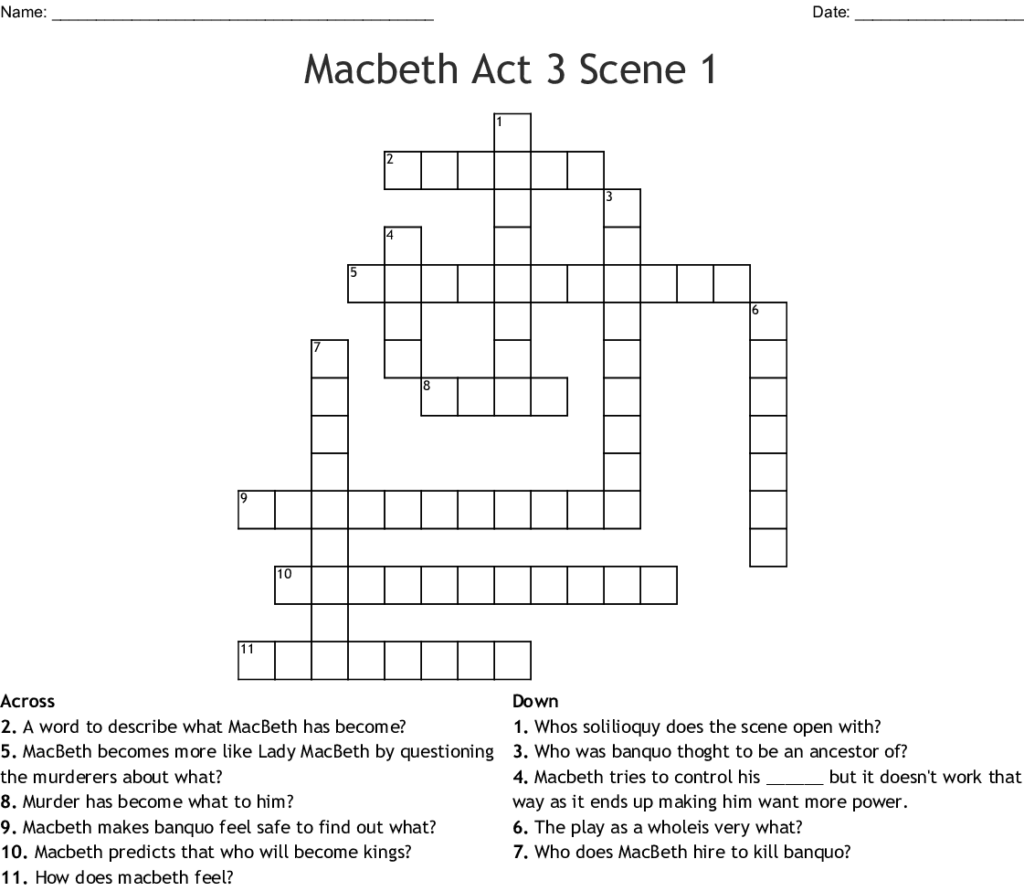 Macbeth Act 3 Scene 1 Crossword WordMint - Macbeth Crossword Easy