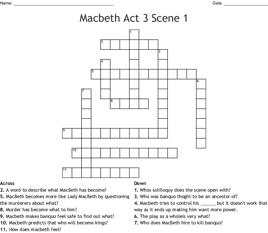 Macbeth Act 3 Scene 1 Crossword WordMint - Macbeth Crossword Easy