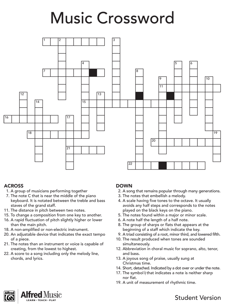 Music Crossword Puzzle Activity - Music Crossword Puzzle Easy