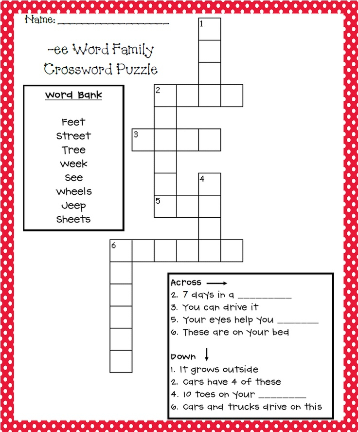 Just Add Clipart Printables Ee Words Word Families Crossword - Photography Crossword Easy