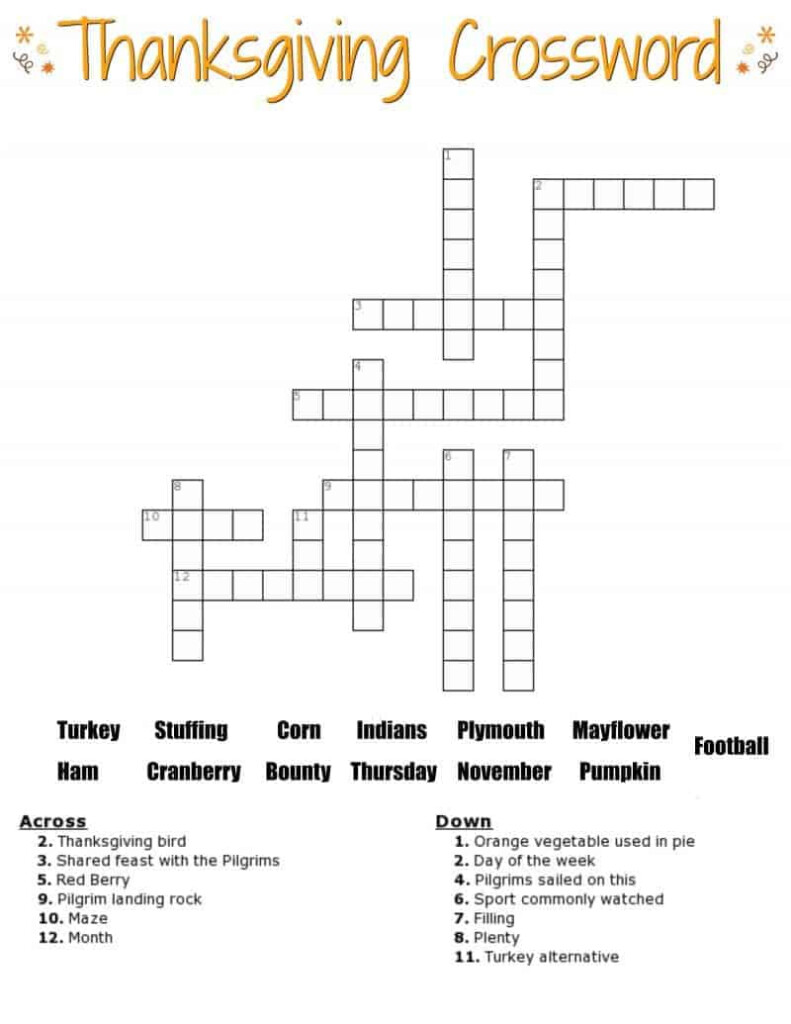 Thanksgiving Crossword Puzzle FREE Printable For Kids Or Adults - Printable Easy Thanksgiving Crossword