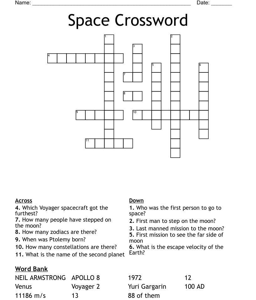 Space Crossword WordMint - Slow Easy Pace Crossword