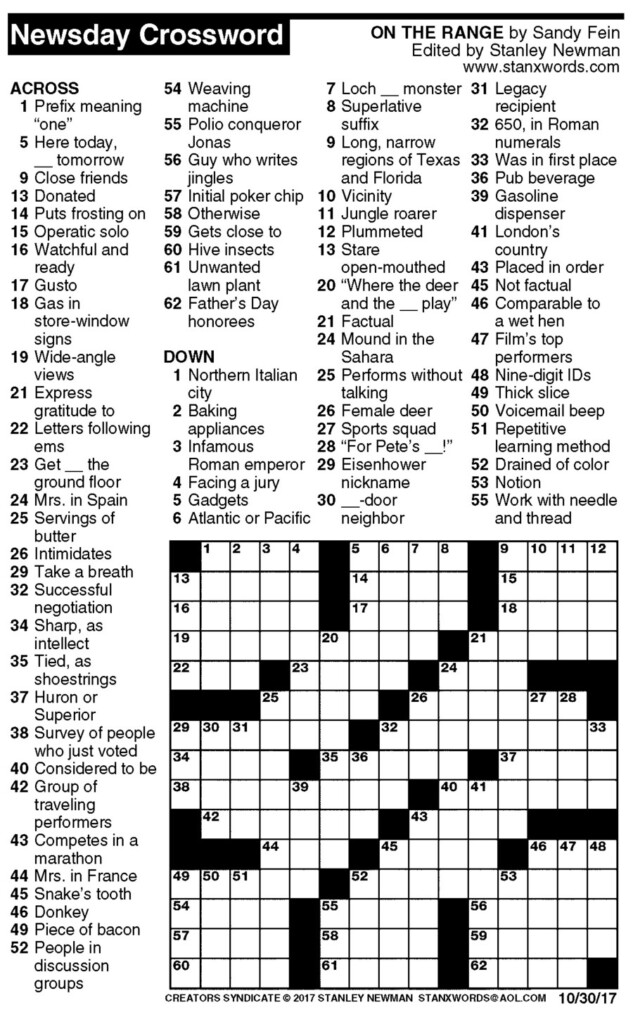 Newsday Crossword Puzzle For Oct 30 2017 By Stanley Newman Creators  - Stan Newman's Easy Crossword