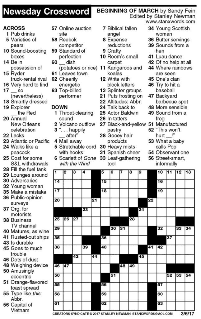 Newsday Crossword Puzzle For Mar 06 2017 By Stanley Newman Creators  - Stan Newman's Easy Crossword