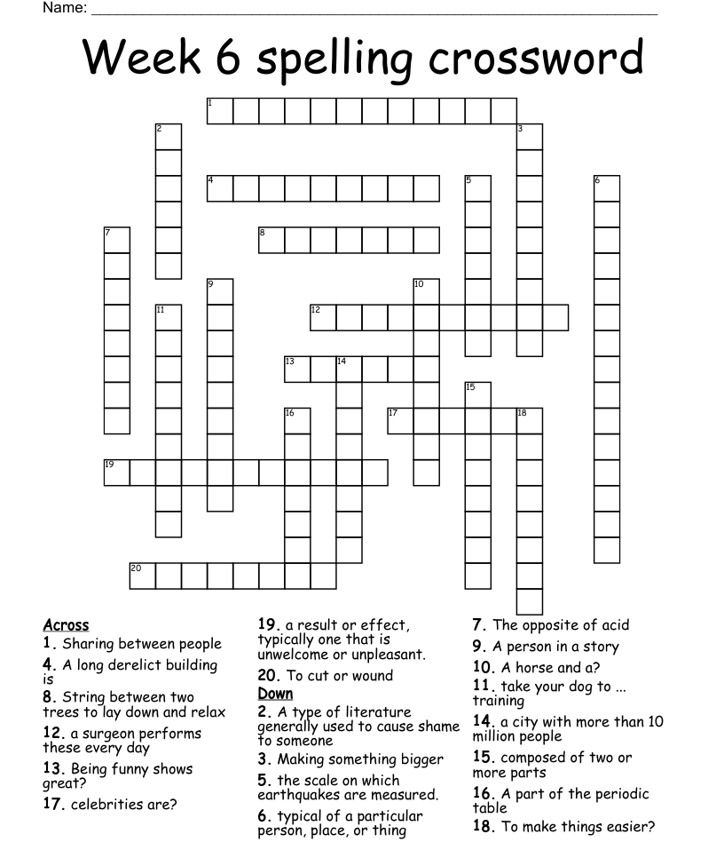 Week 6 Spelling Crossword WordMint - Things Making It Easier To Endure Crossword